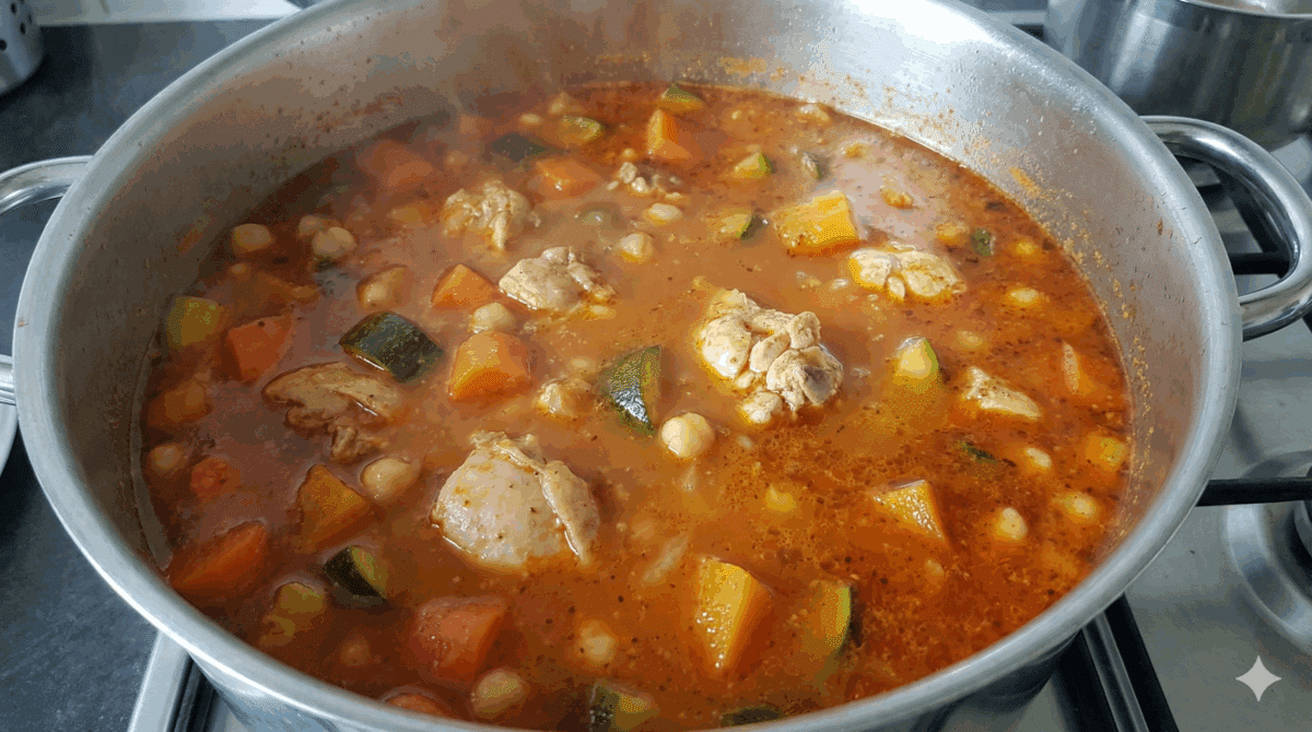 bouillon en train de mijoter, avec les légumes colorés (carottes, courgettes, pois chiches) et la viande